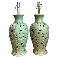 Vintage Celadon Pierced Ceramic Lamps