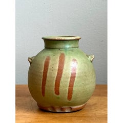 Vintage Green Striped Ceramic Vase