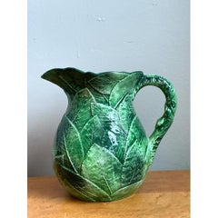 Vintage Green Leaf Motif Ceramic Pitcher