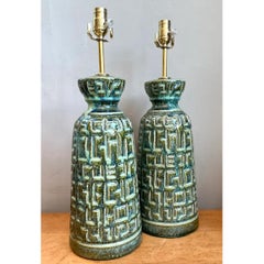 Vintage MCM Green Textured Ceramic Table Lamps