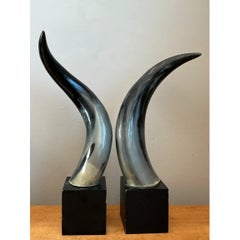 Vintage Decorative Horns On Wood Plinths