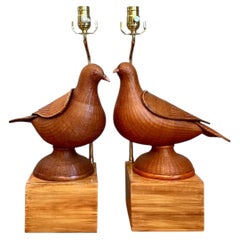 Vintage Shanghai Weave Lovebird Lamps- A Pair