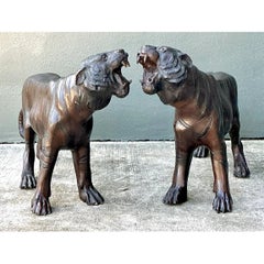 Vintage Bronze Tiger Sculptures - A Pair
