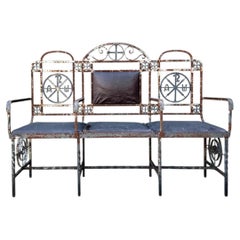 Vintage Distressed Metal and Upholstery Bench