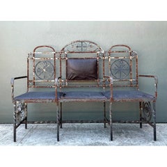 Vintage Distressed Metal and Upholstery Bench
