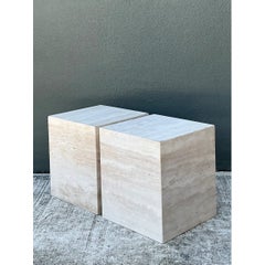 Vintage Travertine Cube Side Tables - A Pair