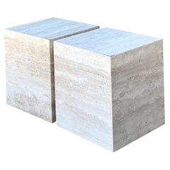 Vintage Travertine Cube Side Tables - A Pair