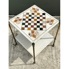 Vintage Marble Inlay Chessboard Side Table