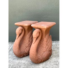Vintage Cast Cement Swan Low Stools - A Pair