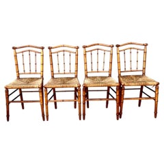 Vintage Bamboo-Style Wood and Cane Chairs - Set of 4