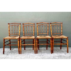Vintage Bamboo-Style Wood and Cane Chairs - Set of 4