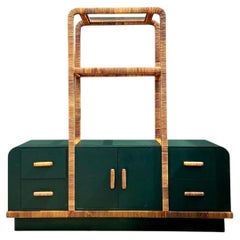 Vintage Wrapped Rattan Etagere And Laminate Credenza