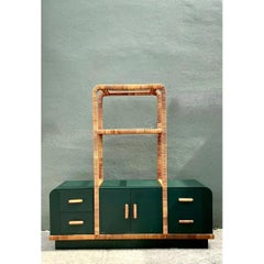 Vintage Wrapped Rattan Etagere And Laminate Credenza