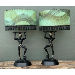 Vintage MCM Figurative Table Lamps with Green Shades - A Pair
