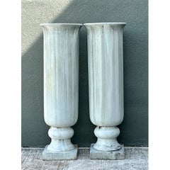 Vintage Tall Fluted Plaster Covered Resin Urns - A Pair