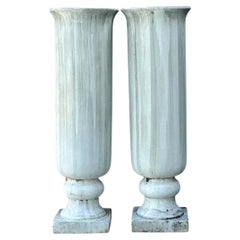 Vintage Tall Fluted Plaster Covered Resin Urns - A Pair