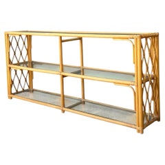 Vintage Trellis Rattan and Glass Console Table