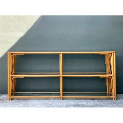 Vintage Trellis Rattan and Glass Console Table