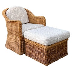 Vintage Braided Rattan Lounge Chair and Ottoman