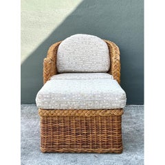 Vintage Braided Rattan Lounge Chair and Ottoman