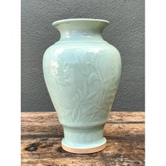 Vintage Celadon Floral Relief Ceramic Vase
