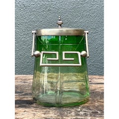 Vintage Green Glass and Metal Ice Bucket
