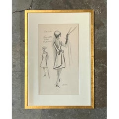 Vintage Nina Ricci Fashion Sketch in Gold Frame