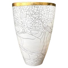Vintage Italian Gold Rimmed Crackle Ceramic Vase