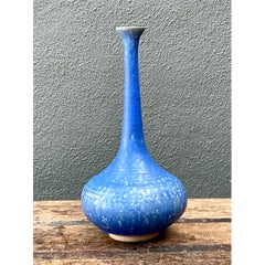 Grand vase vintage en céramique bleue