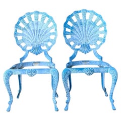 Vintage Blue Metal Shell Back Grotto Chairs - A Pair