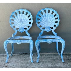 Vintage Blue Metal Shell Back Grotto Chairs - A Pair
