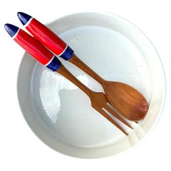 Vintage Italian Striped Ceramic Salad Bowl and Utensils