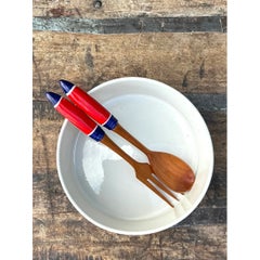 Vintage Italian Striped Ceramic Salad Bowl and Utensils