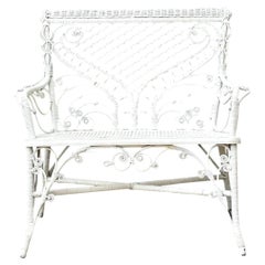 Vintage White Fiddlehead Rattan Garden Bench