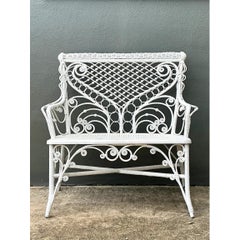 Vintage White Fiddlehead Rattan Garden Bench