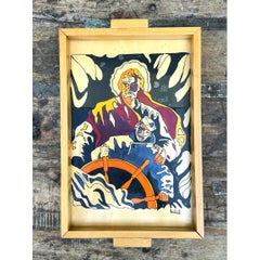 Vintage Nautical Painted Wood Art Tray