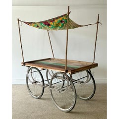 Vintage Wooden Market Cart with Fabric Canopy