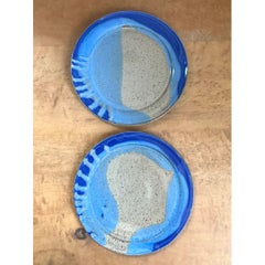 Vintage Blue Abstract Pottery Plates - A Pair