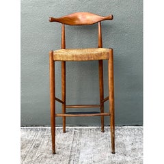 Vintage MCM Wood and Rush Bar Stool