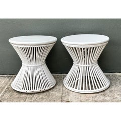 Vintage White Stick Rattan Hourglass Tables - A Pair