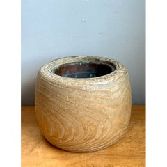 Vintage Wood Vessel Planter With Copper Insert