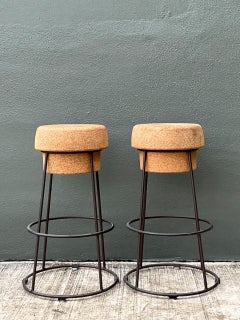 Vintage Cork and Metal Bar Stools - A Pair