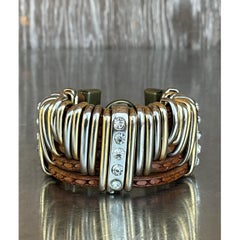 Vintage Leather & Silver Rhinestone Cuff Bracelet