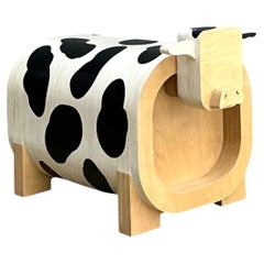 Vintage Sculptural Wood Cow Low Stool