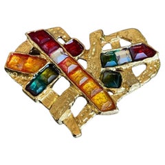 Vintage Christian Lacroix Multicolor Gem Heart Brooch