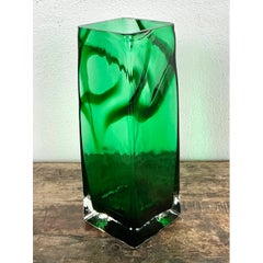 Vintage Polish Emerald Glass Tall Vase