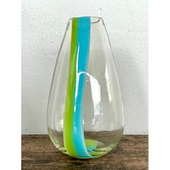 Vintage Clear Glass Vase with Blue and Green Stripes