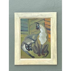 Vintage Figurative Cat Oil Painting on Canvas