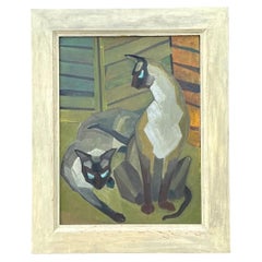 Vintage Figurative Cat Oil Painting on Canvas