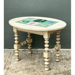 Vintage Turned Wood Table with Ceramic Top